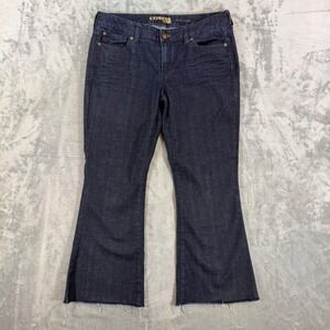 Express Eva Fit Flare Jeans Women's Size 12R Dark Blue Raw Hem Denim